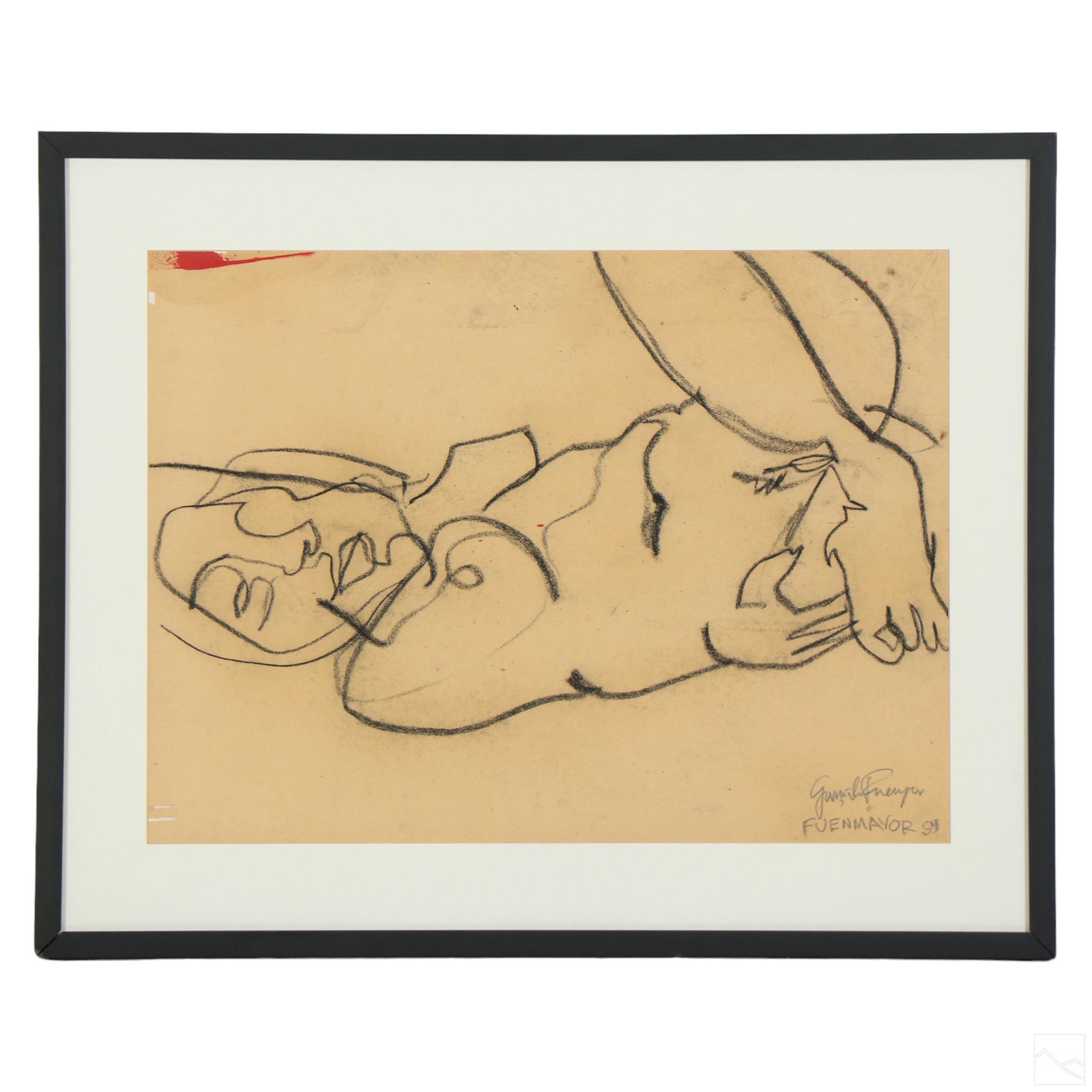 Gonzalo Fuenmayor b.1977 Nude Charcoal Drawing: Gonzalo Fuenmayor (Colombian, born 1977). An original charcoal drawing on paper. A figural work depicting a seated abstract nude female figure. Artist vertical double signature and dated to lower left