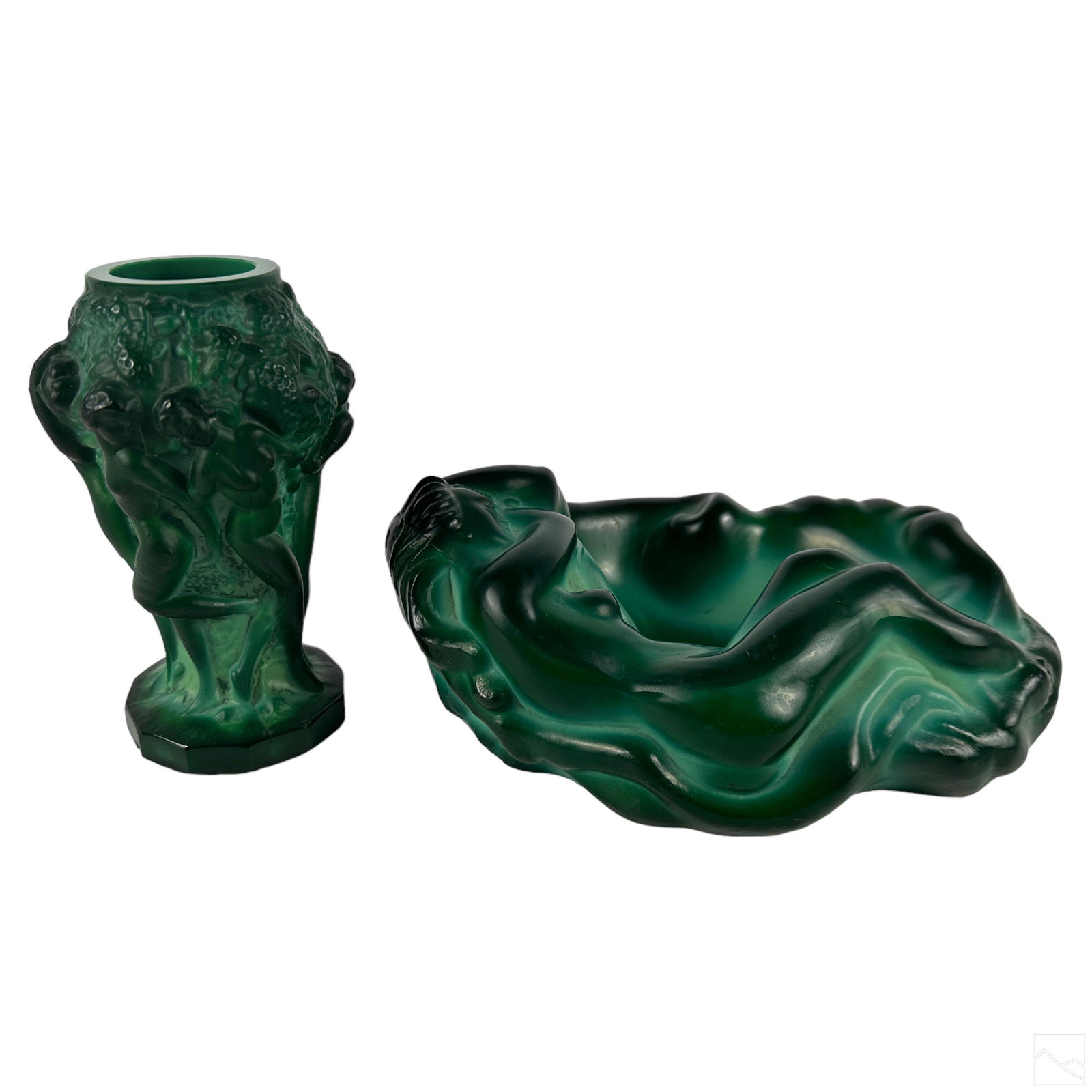 Schlevogt Style Malachite Art Glass Ashtray & Vase: An estate lot of two (2) pieces of Bohemian Czech style Art Deco green malachite art glass, produced in the manner of Curt Schlevogt (1869-1959). Includes: one (1) figural nude vase vessel with encirc