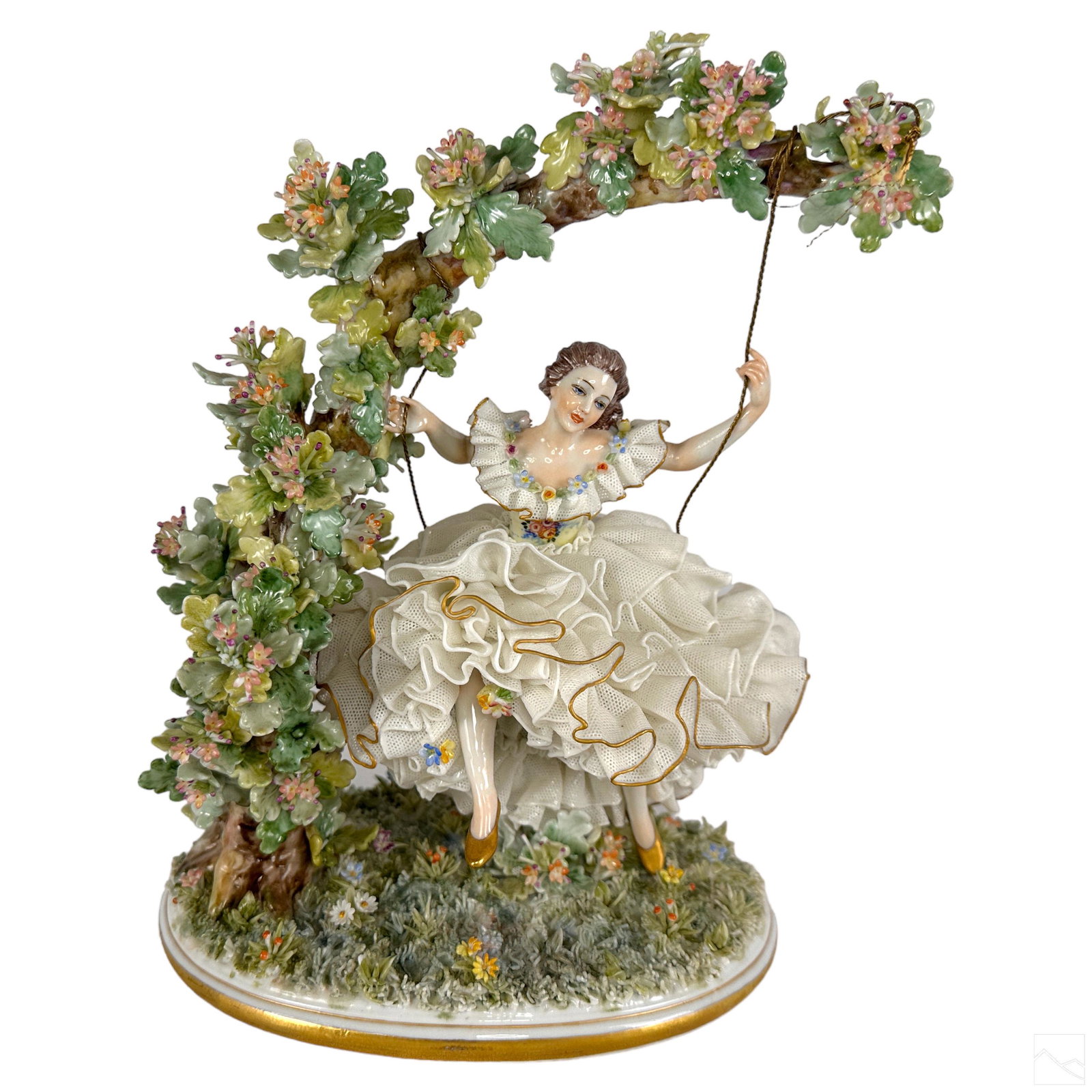 Capodimonte Italian Porcelain Swing Girl Figurine: An antique Capodimonte Italian porcelain statue. A figural work depicting an elegant seated female figure on a tree swing. Modeled with a profusion of hand painted floral forms. Capodimonte N and crow