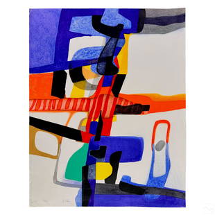 Maurice Esteve 1904-2001 Abstract LE Litho SIGNED: Maurice Esteve (French, 1904-2001). A limited edition lithograph on heavyweight paper. An abstract Mid Century Modern work in a bright and festive palette of blues, yellows, reds, greens and yellows.