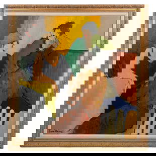 Itzchak Tarkay 1935-2012 Figural Interior Painting: Itzchak Tarkay (Israeli, 1935-2012). An original gallery sized oil and pastel painting on canvas. Titled "Trio." A figural interior room depicting three female figures in the colorful Post