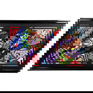 Romero Britto b.1963 Pop Art Cubist Giclee SIGNED: Romero Britto (Brazilian, born 1963). A signed and numbered limited edition mixed media art giclee on canvas. Embellished with paint, ink, glitter, and additional elements. A figural group in the