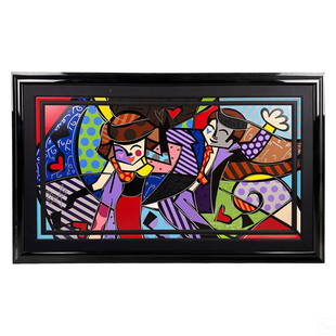 Romero Britto b.1963 Pop Art Cubist Giclee SIGNED: Romero Britto (Brazilian, born 1963). A signed and numbered limited edition mixed media art giclee on canvas. Embellished with paint, ink, glitter, and additional elements. A figural group in the