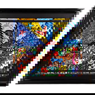 Romero Britto b.1963 Pop Art Cubist Giclee SIGNED: Romero Britto (Brazilian, born 1963). A signed and numbered limited edition mixed media art giclee on paper mounted to board. Embellished with paint, ink, glitter, and additional elements. A figural