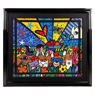 Romero Britto b.1963 Pop Art Cubist Giclee SIGNED: Romero Britto (Brazilian, born 1963). A signed and numbered limited edition mixed media art giclee on paper mounted to board. Embellished with paint, ink, glitter, and additional elements. A figural g