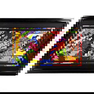 Romero Britto b.1963 Pop Art Cubist Giclee SIGNED: Romero Britto (Brazilian, born 1963). A limited edition mixed media art giclee on canvas. Embellished with paint, ink, glitter, and additional elements. A figural work in the artist's Pop Art Cubist