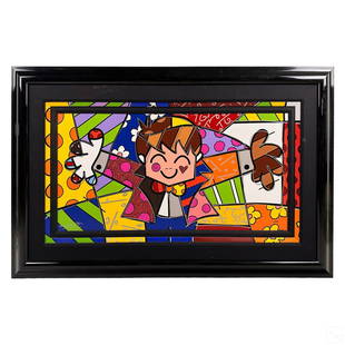 Romero Britto b.1963 Pop Art Cubist Giclee SIGNED: Romero Britto (Brazilian, born 1963). A limited edition mixed media art giclee on canvas. Embellished with paint, ink, glitter, and additional elements. A figural work in the artist's Pop Art Cubist