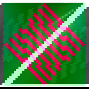 Washington Iza b1947 Modern Geometric Oil Painting: Washington Iza (Ecuadorian, born 1947). An original oil painting on canvas. Titled, "Reververacion II" ("Reverberation II,") produced circa 1970s. An abstract work in lines and patterns painted in a