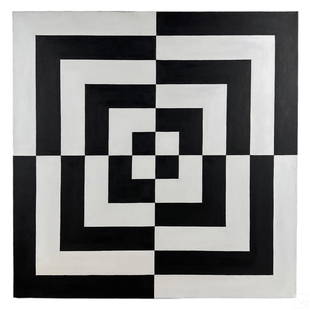 Tim Ray Fisher b.1969 Kinetic Optical Art Painting: Tim Ray Fisher (American, born 1969). An original acrylic painting on canvas. A modern kinetic Op Art work in symmetrical geometric black and white lines and patterns. Artist signature to verso T