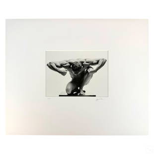 Jeff Palmer b.1948 BW Nude Figural LE Photo SIGNED: Jeff Palmer (American, born 1948). A limited edition black and white photographic art print. A figural homoerotic work depicting a nude male figure, flexing his muscles in a dramatic pose. Signed