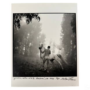 Arthur Tress b.1940 Nude and Horse LE Photo SIGNED: Arthur Tress (American, born 1940). A limited edition black and white photographic art print. Titled "Groom With White Arabian, CA.". A figural work modeled in an idyllic forest landscape depicting a