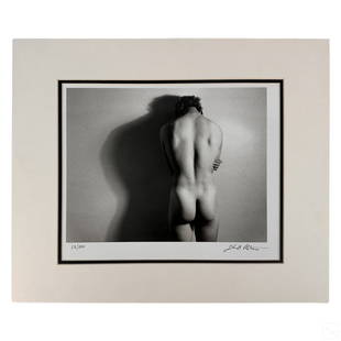 BW Figural Erotic Nude Male Art Photograph SIGNED: Mystery Artist (20th Century). A limited edition black and white photographic art print. A figural work depicting nude male figure, seen from behind, modeled with arms crossed and head bowed. Signed