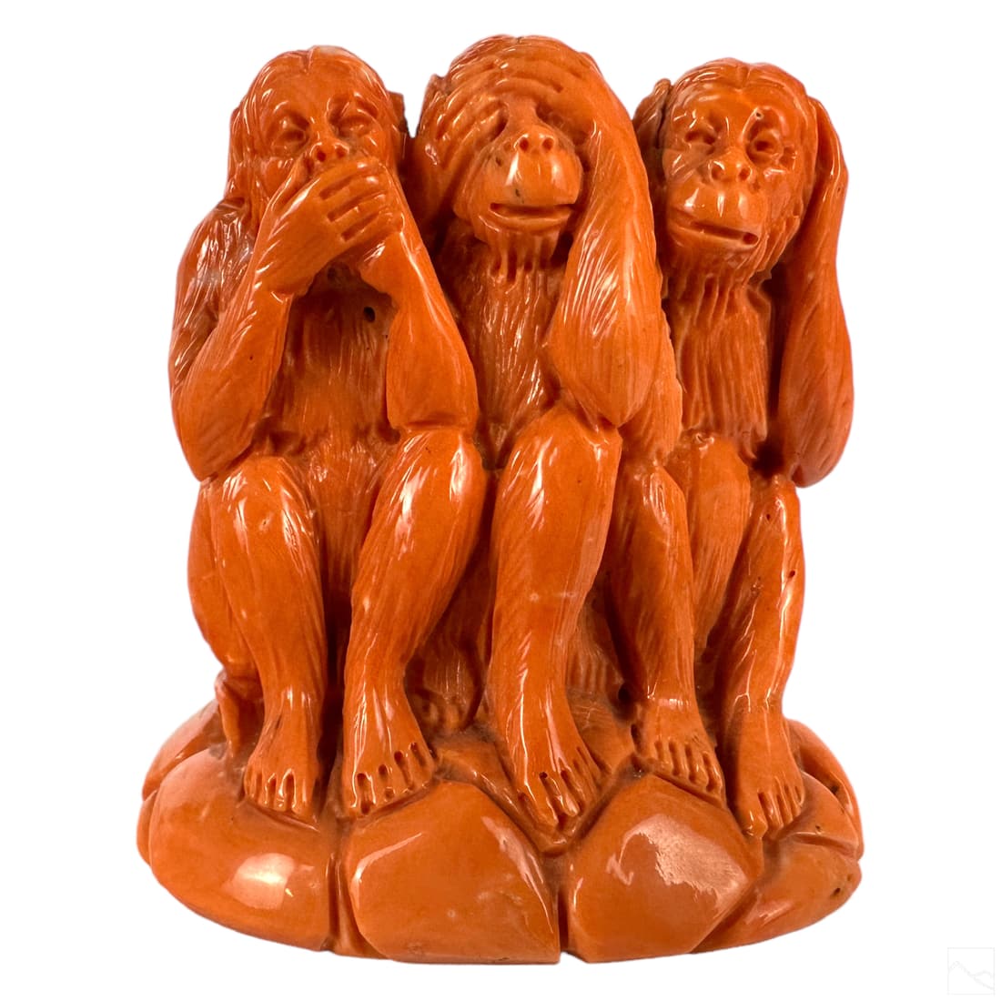 Chinese Three Wise Monkeys Red Coral Statue 230g. (1 of 6)