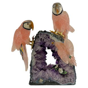 Pink Rose Quartz Amethyst Geode Parrots Sculpture: A natural Brazilian carved rose quartz parrots sculpture mounted on an amethyst geode base, produced by the artisans of Amsterdam Sauer (Brazil). Features three Macaw parrot birds, measuring 7" to 14"