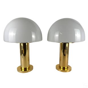 Glashutte Limburg German Modernist Mushroom Lamps: A pair of German glass and brass mushroom table lamps manufactured by GlashÃ¼tte Limburg (Limburg an der Lahn, Germany). Elegant Mid Century Modern Atomic Space Age designs, produced circa 1970s, wi