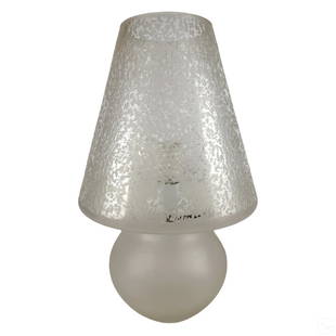 Murano Venetian Studio Glass Modern Mushroom Lamp: A vintage Murano Italian studio art glass Mushroom lamp. Mid Century Modern design, crafted from a solid piece of blown glass, featuring a frosted finish round body base, and etched frosted to satin f