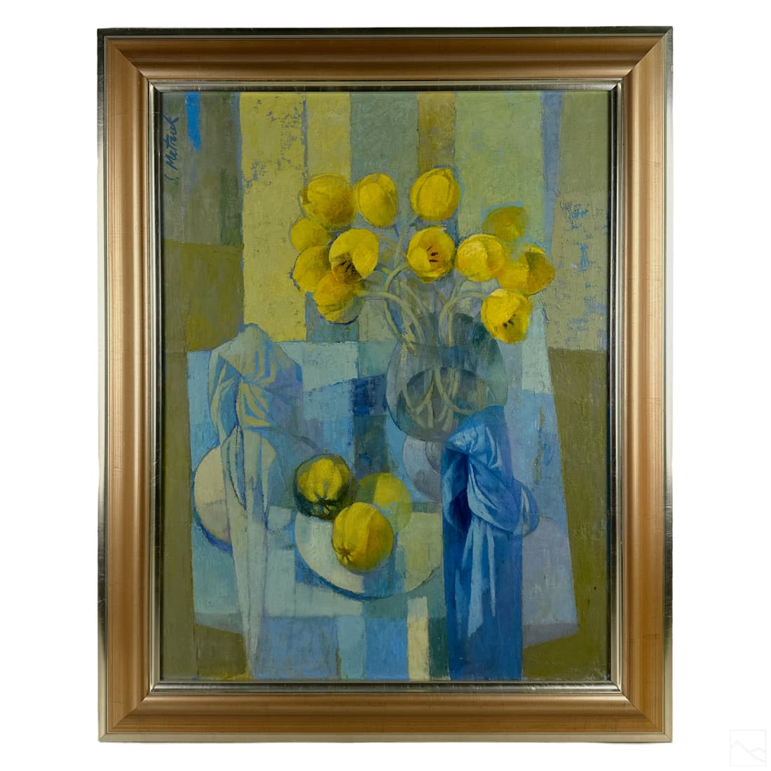 Stanley M Mitruk 1922-2006 Still Life Oil Painting: Stanley Matthew Mitruk (American, 1922-2006). An original Palm Beach Regency oil painting on canvas. A still life work, produced circa 1970s, in a Modernist style with a predominantly yellow and blue