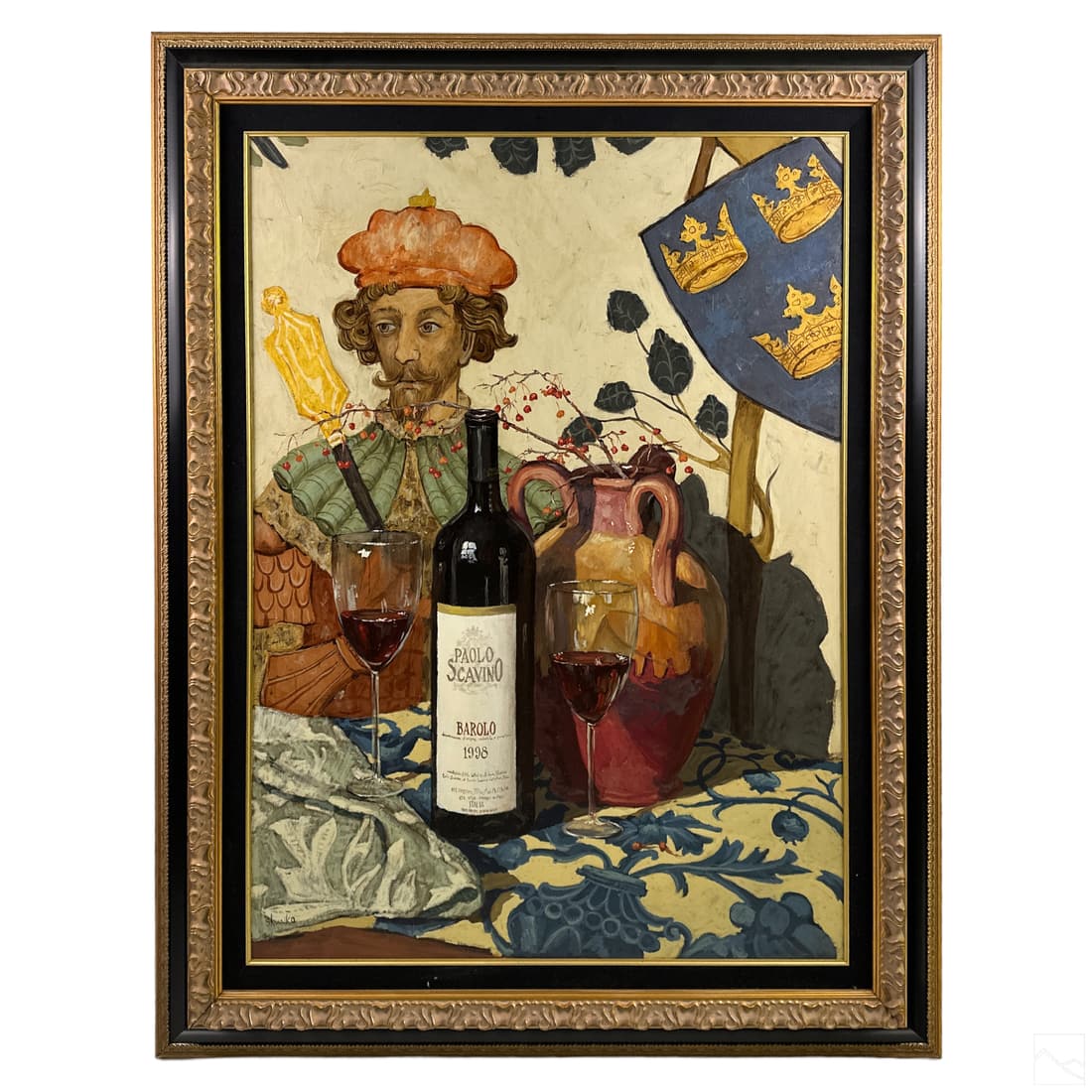 Viktor Shvaiko b.1965 Wine Still Life Oil Painting: Viktor Shvaiko (Russian, born 1965). An original oil painting on canvas. A still life work depicting a table top dressed with fine linens, a bottle of 1998 Paolo Scavino Barolo Italian red wine, glass