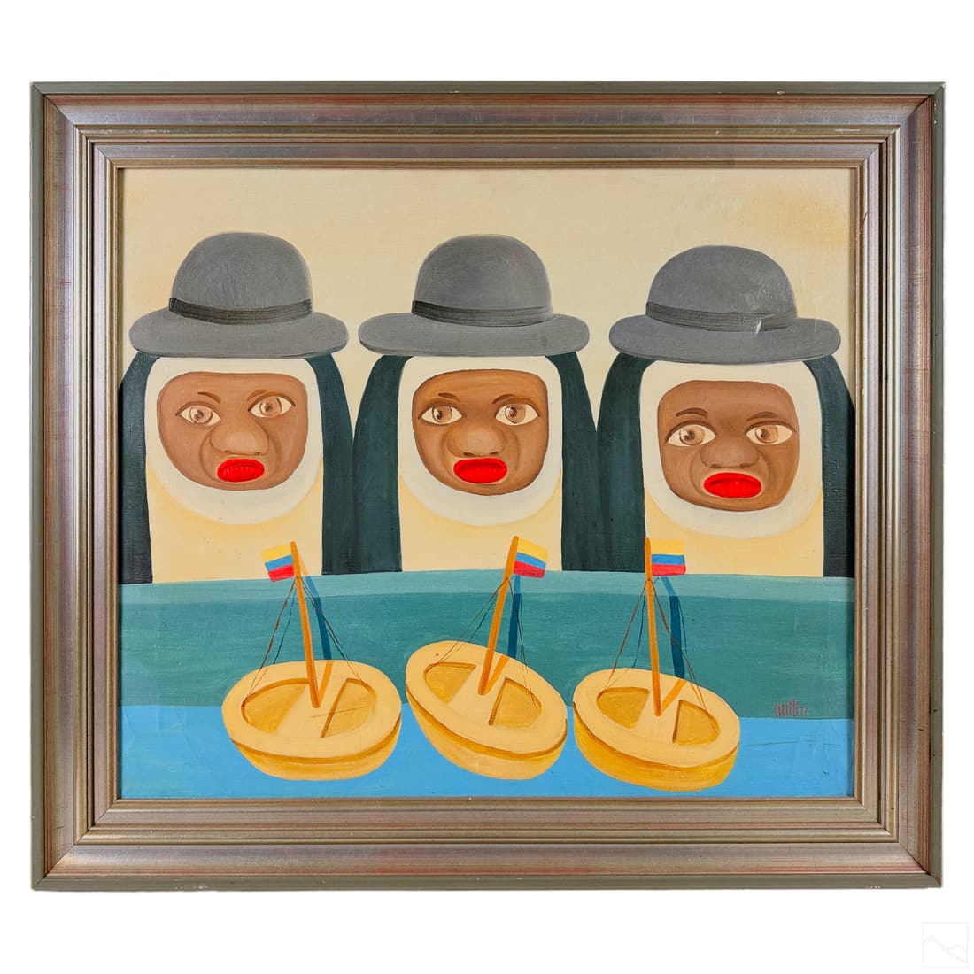 Oscar Arcila b.1928 Boterismo Figural Oil Painting: Oscar Arcila (born 1928). An original oil painting on canvas. Titled, "Grand Colombian Merchant Fleet Critics," produced circa 1960. A figural work depicting abstract female nun figures wearing bowler