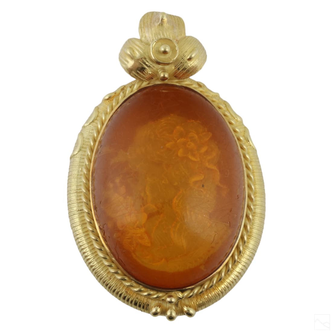 18K Gold Italian Reverse Carved Amber Cameo Brooch: An Italian antique style 18k gold and amber reverse carved cameo pin. Features a cabochon carved amber cameo depicting the profile of a young female figure with flowing hair and flower, measuring appr
