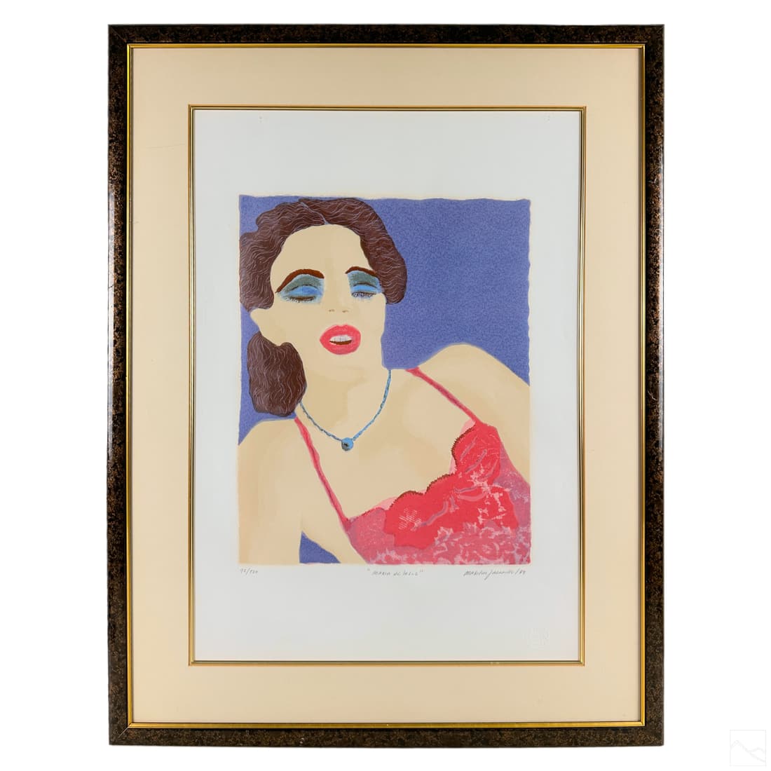 Maripaz Jaramillo b.1948 Portrait Aquatint SIGNED: Maripaz Jaramillo (Maria de la Paz Jaramillo) (Colombian, born 1948). A limited edition mixed media aquatint on paper. Charcoal pencil and other elements. Titled, "Maria de la Luz." An abstract figura