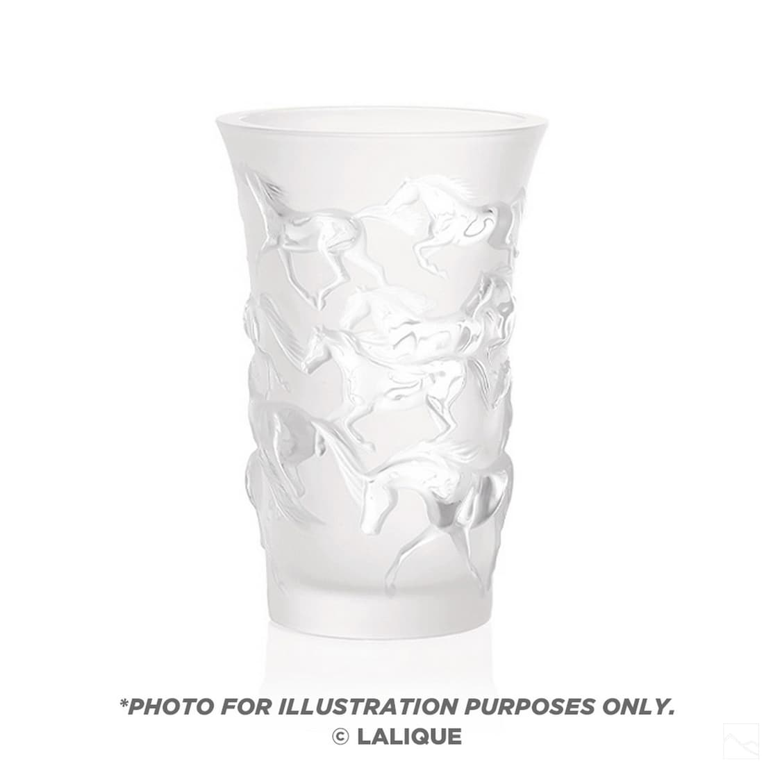 Lalique French Crystal Mustangs Relief Horses Vase: A SEALED Lalique French crystal vase in the Mustangs pattern. Clear to frosted glass with an encircling herd of wild mustang horses. With original LALIQUE retail label affixed to rim interior. Signed 