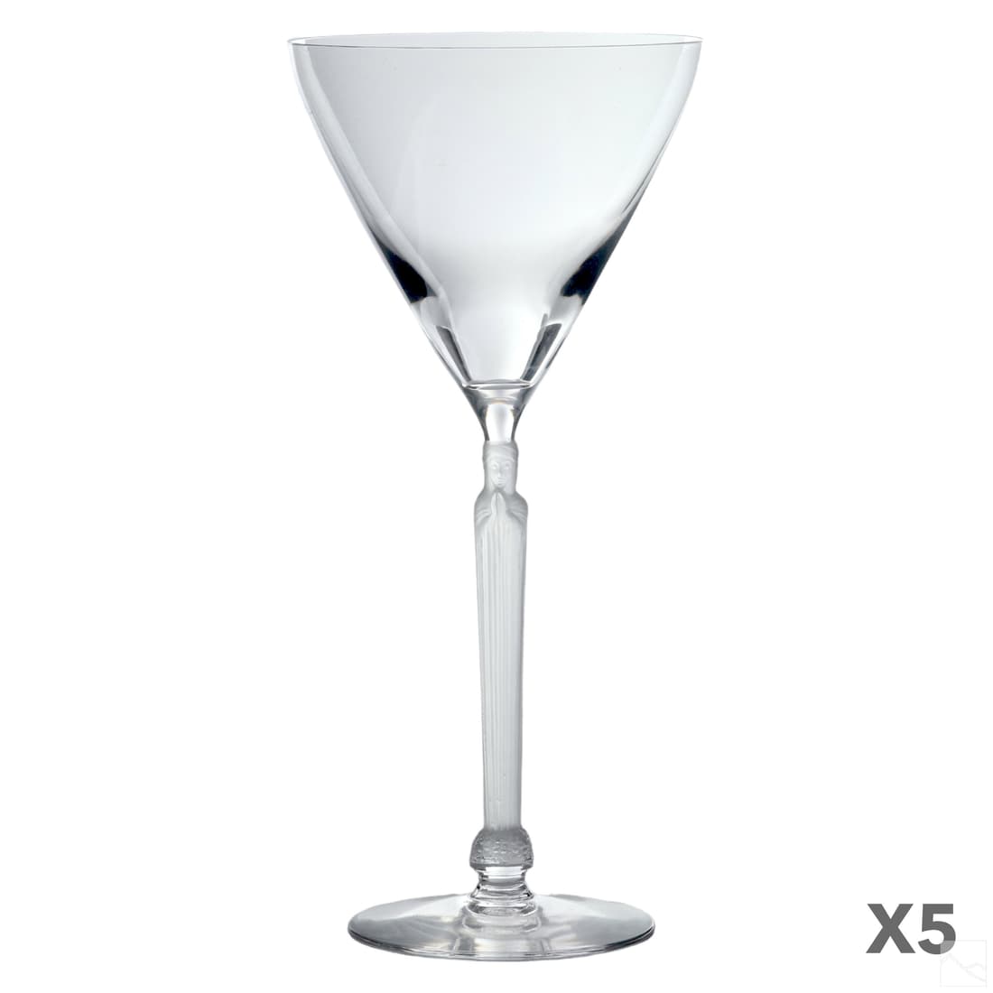 Lalique Crystal Clos Sainte Odile Goblets 5pc. SET: A set of five (5) Lalique wine glasses in the Clos Sainte Odile pattern. Goblets originally designed by Rene Lalique in 1921 these feature clear bowls and frosted figural stems (7.5" x 3.5" x 3.5"). E