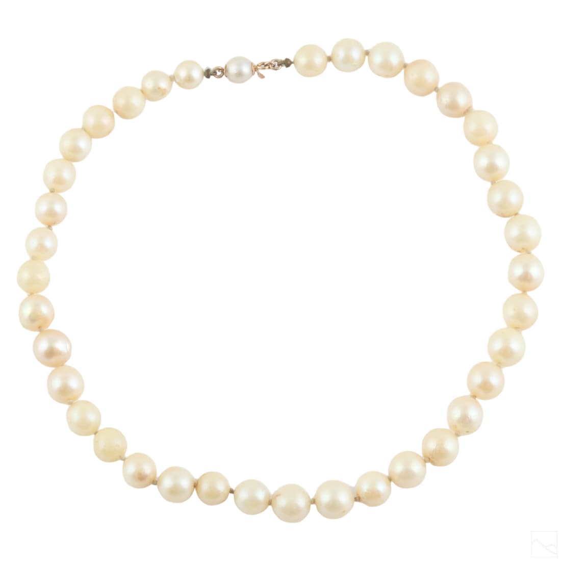 37 Akoya Pearls Choker Necklace w/ 14K Gold Clasp: A designer ladies vintage pearl choker necklace set with 37 graduated pearls. Hand strung individually knotted pearls in sizes 5mm to 9mm. 14k gold closure marked on primary clasp. No apparent signatu