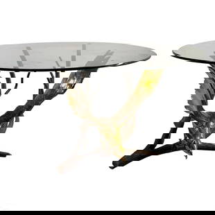 Alain Chervet French Modernist Metal & Glass Table: A French designer mixed metals table by Alain Chervet (born 1944). Layered brass and bronze. A striking Mid Century Modern style work depicting an eagle bird in flight, with wings raised, and bronze m