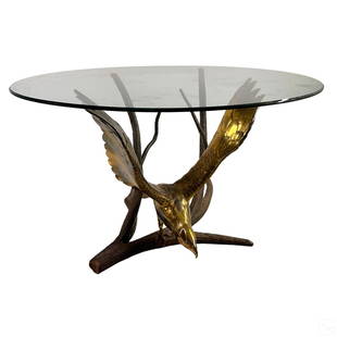 Alain Chervet French Modernist Metal & Glass Table: A French designer mixed metals table by Alain Chervet (born 1944). Layered brass and bronze. A striking Mid Century Modern style work depicting an eagle bird in flight, with wings raised, and bronze m