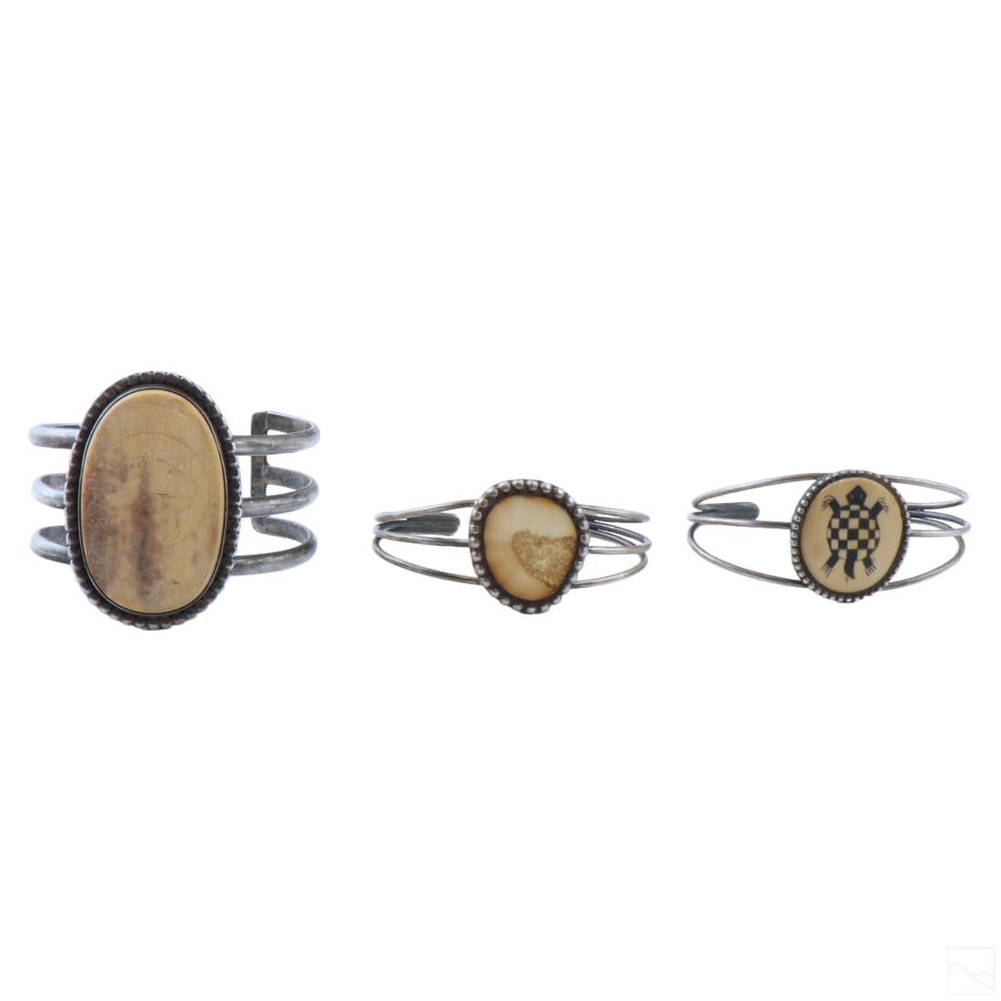 Native American Sterling Silver and Bone Bracelets: An estate collection of three (3) vintage sterling silver southwest Native American Indian cuff bracelets, each embellished with natural bone top. Includes one with a scrimshaw turtle engraving. Large