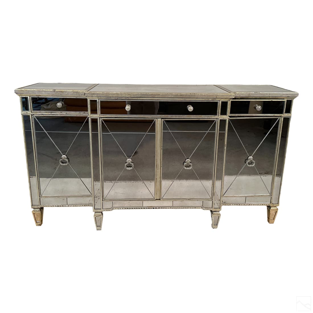 Hollywood Regency Hall Breakfront Buffet Sideboard: A Hollywood Regency style designer mixed media sideboard buffet. Wood, mirrored glass, paint lacquer and other elements. A luxurious and elegant breakfront design with fitted beveled square mirrored p