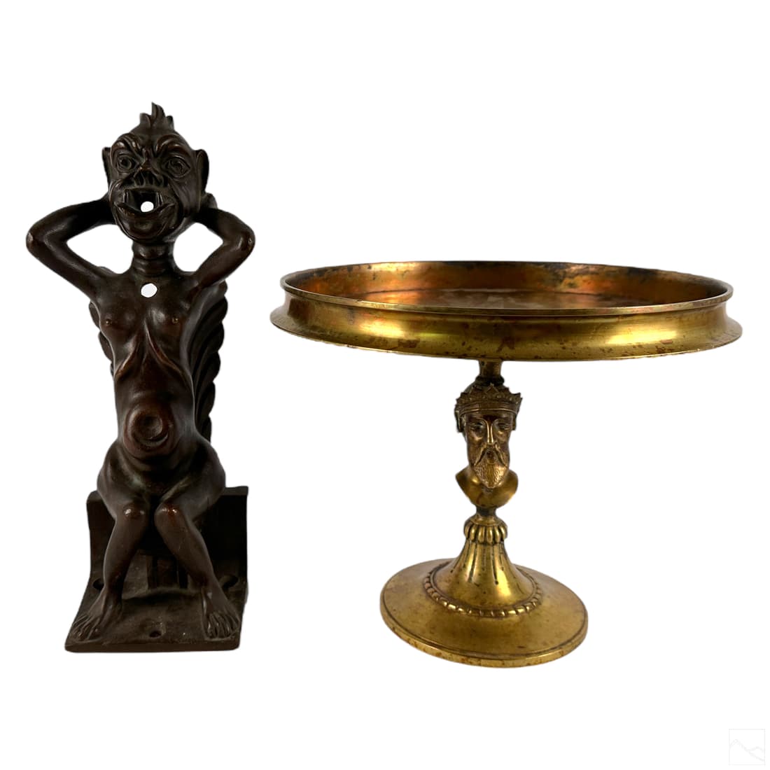 Neoclassical Bronze Compote & Modernist Sculpture: A two (2) piece lot featuring a bronze statue and bronze compote plate. Includes: one (1) large French Neoclassical style bronze compote pedestal dish with deep recessed circular bowl decorated with a