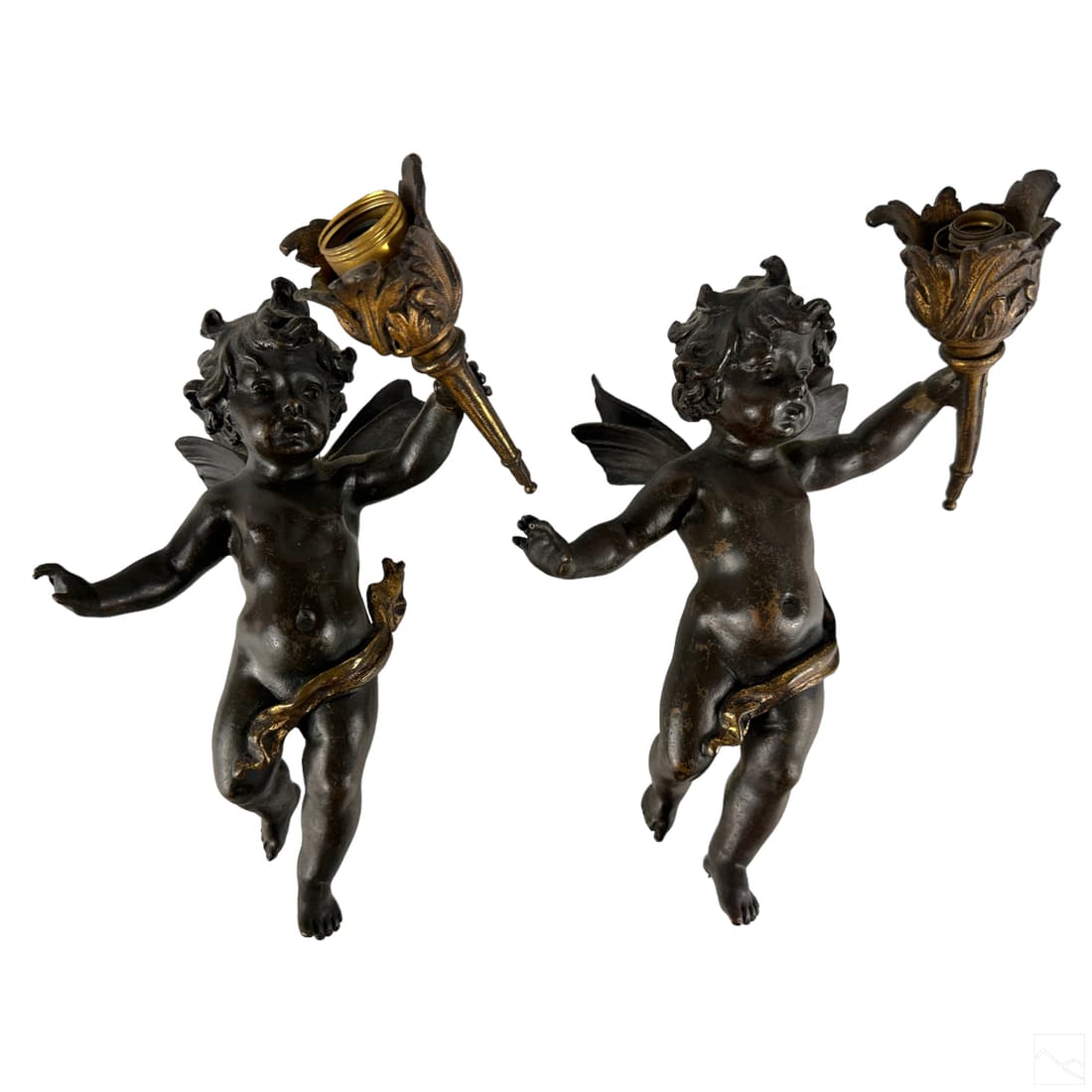 Antique Pair Bronze Cherub Wall Sconce Sculptures (1 of 6)
