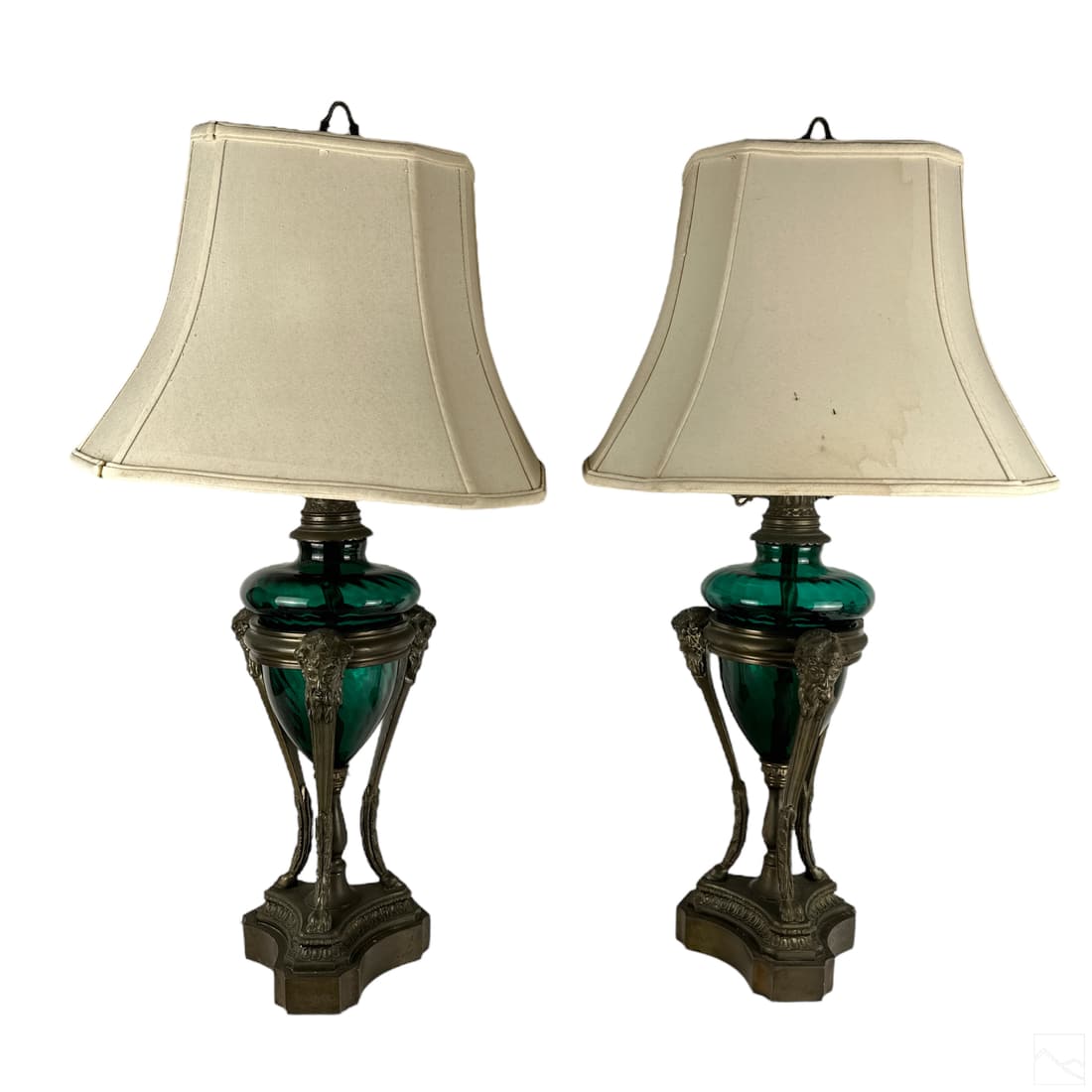 Neoclassical Pair Bronze & Green Glass Urn Lamps (1 of 7)