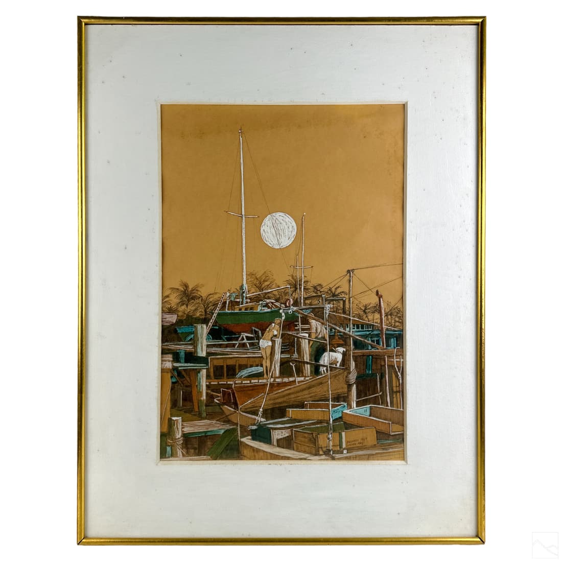 Zaccardi 20C Figural Boat Landscape Pastel Drawing (1 of 5)