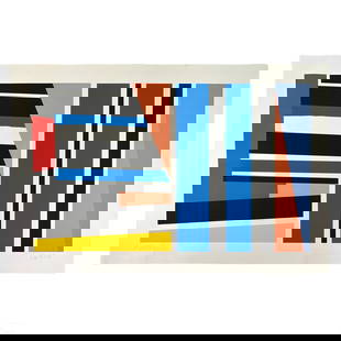 Pierre Clark b.1928 Geometric Serigraph LE SIGNED: Pierre Clerk (Canadian, born 1928). A limited edition color silkscreen serigraph on deckled edge paper. Titled "Morocco Series #8". A modern geometric design in vibrant colors. Signed and dated '80 lo