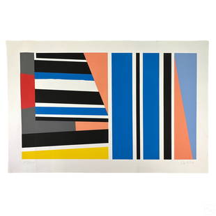 Pierre Clark b.1928 Geometric Serigraph LE SIGNED: Pierre Clerk (Canadian, born 1928). A limited edition color silkscreen serigraph on deckled edge paper. Titled "Morocco Series #8". A modern geometric design in vibrant colors. Signed and dated '80 lo