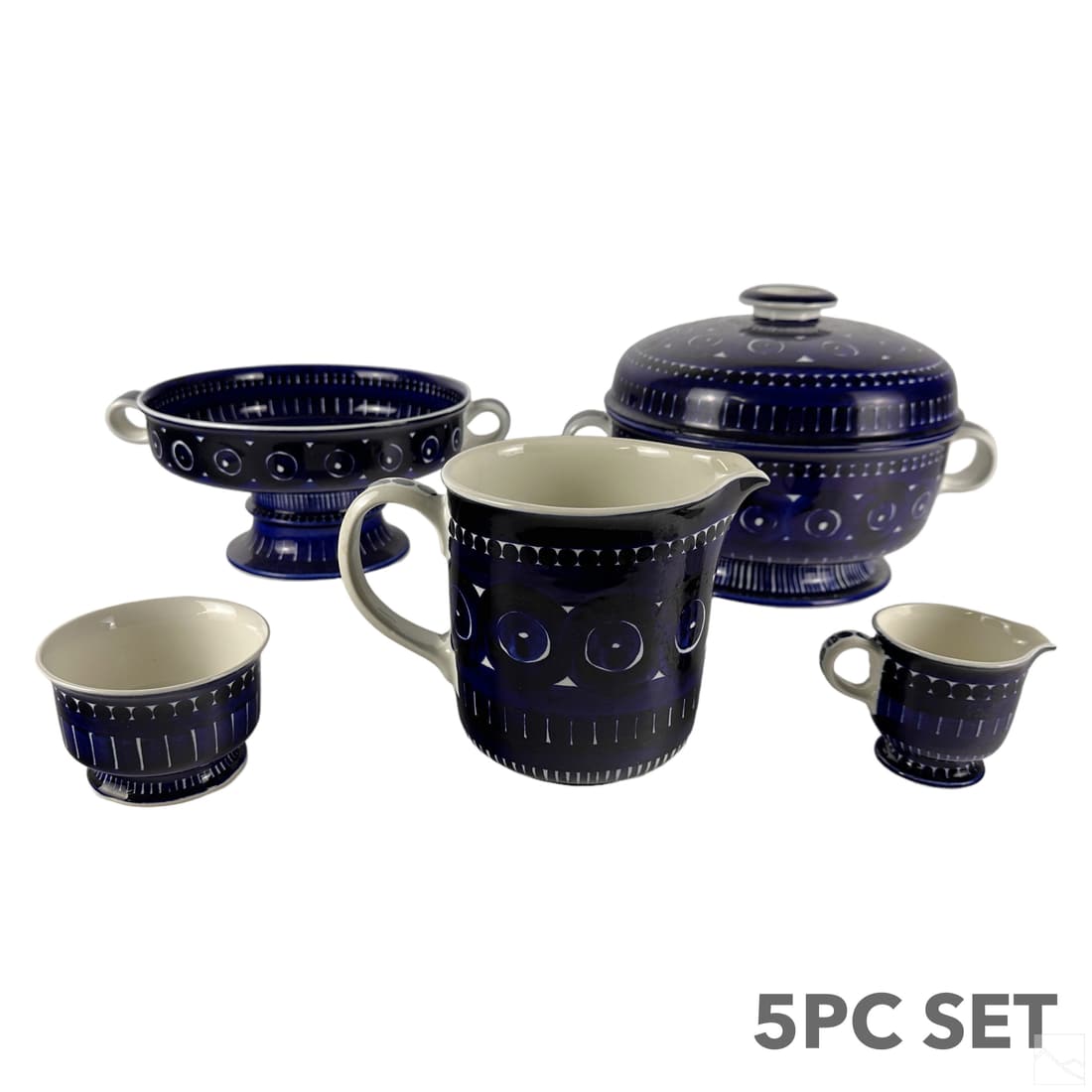 Arabia Finland Porcelain Valencia Servers 5pc. LOT: A five (5) piece set of Arabia Finland porcelain in the Valencia pattern, designed by ceramicist Ulla Procope (1921-1968). Scandinavian Modernist designs with white ground hand decorated with geometri
