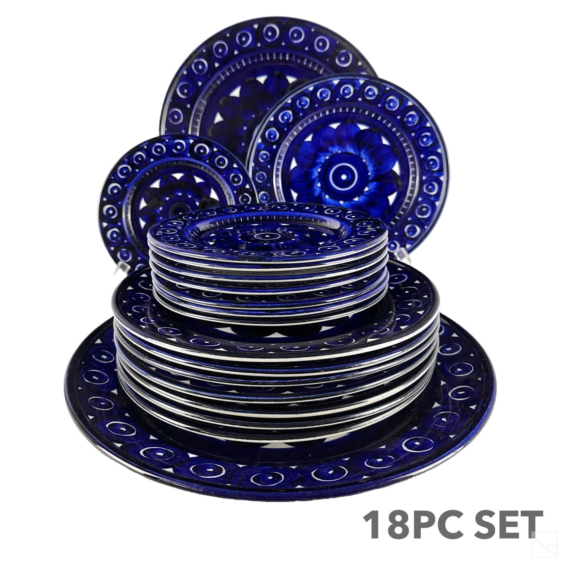 Arabia Finland Porcelain Valencia Servers 18pc LOT: An 18 piece set of Arabia Finland porcelain in the Valencia pattern, designed by ceramicist Ulla Procope (1921-1968). Scandinavian Modernist designs with white ground hand decorated with geometric pat