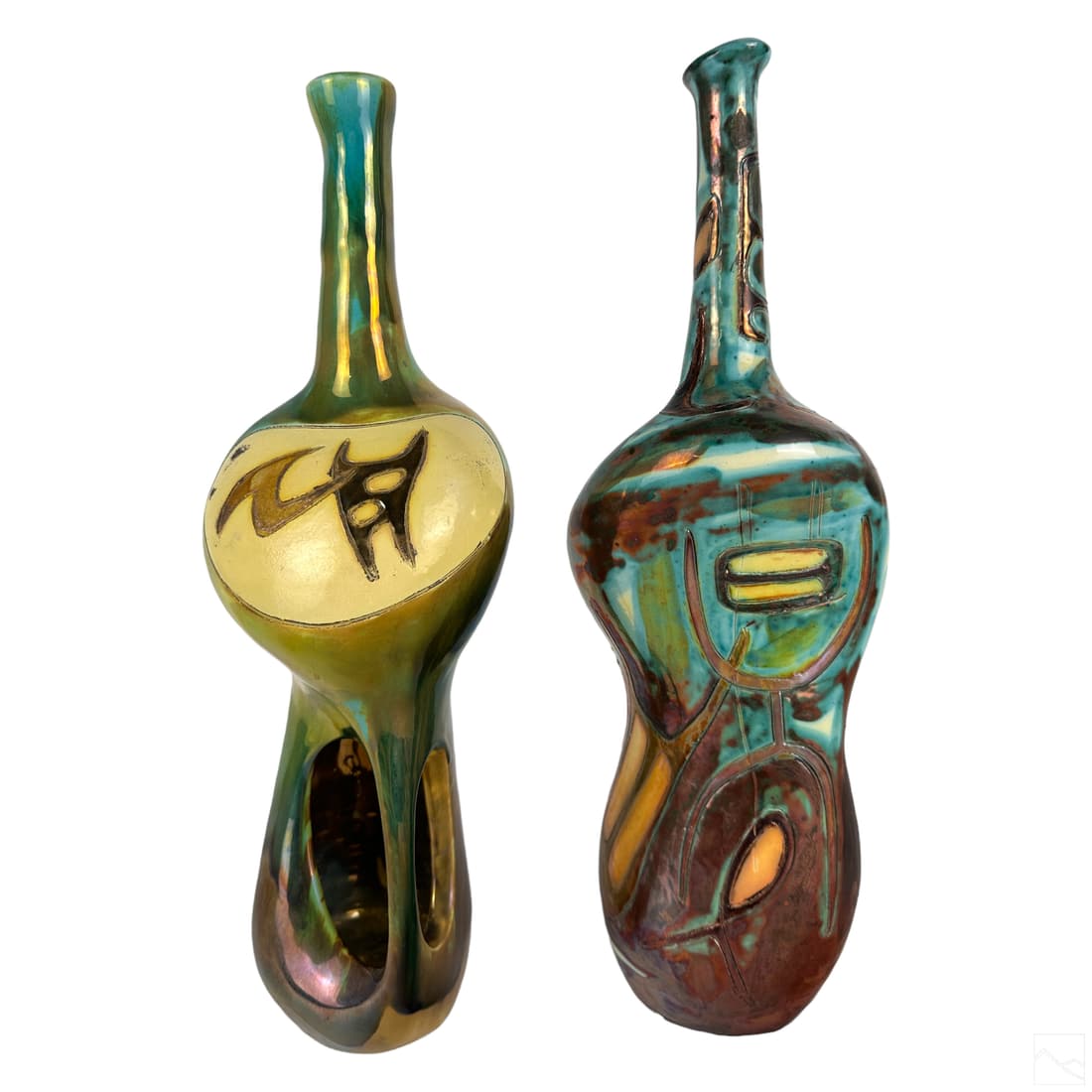 Agenore Fabbri 20C Modernist Italian Pottery Vases: Agenore Fabbri (Italian, 1911-1998). A group with two (2) Italian studio art pottery vessels. Modernist etched designs with glazed finishes, hand decorated in teal, brown, green and yellow. Both signe