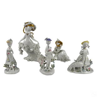 Rosenthal Wiinblad & Peynet Porcelain Figurine LOT: A collection of five (5) Rosenthal German porcelain figurines designed by Bjorn Wiinblad (1919-2006) and Raymond Peynet (1908-1999). Includes: one (1) Wiinblad dancing white and gold glazed maid nymph