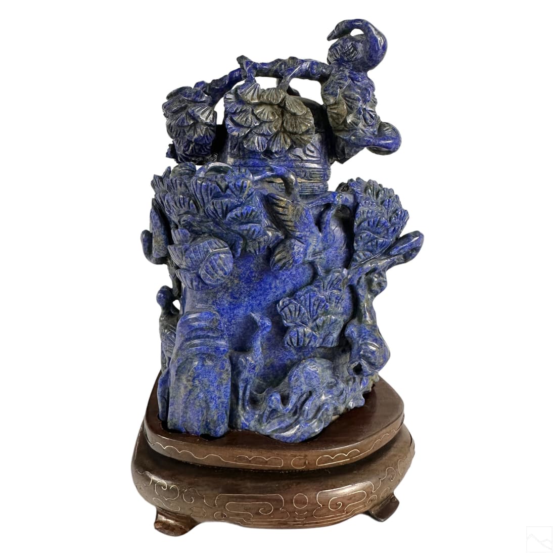 Chinese Lapis Lazuli Antique Lucky Crane Vessel: A Chinese antique 19th Century covered lapis lazuli urn. Decorated with a detailed high relief repousse crane birds and pine tree motif. No apparent makers mark. Accompanied with fitted wooden display