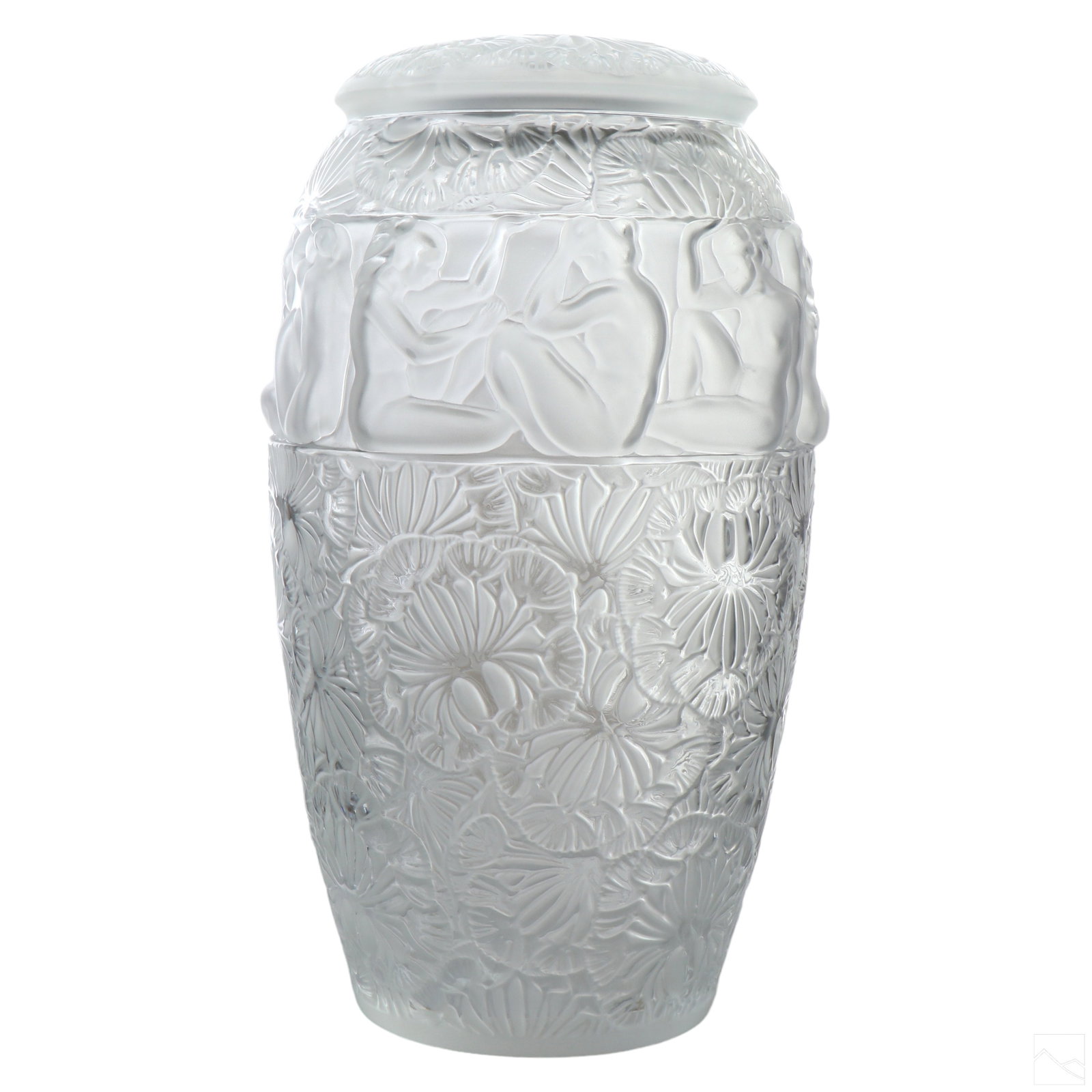 Lalique French Crystal Deco Angelique Covered Vase: A Lalique French crystal lidded floor vessel in the Angelique pattern. An Art Deco style palace size frosted amphora form body with silvered metal trim to rim, and decorated with encircling high raise