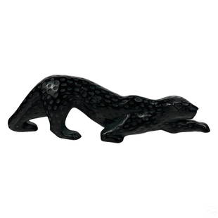 Lalique French Crystal ZEILA Black Panther Statue: A Lalique French crystal sculpture in the Zeila pattern designed by Marie Claude Lalique (1935-2003). Rich black art glass modeled as a stalking panther jungle cat, with a slim silhouette enhanced by