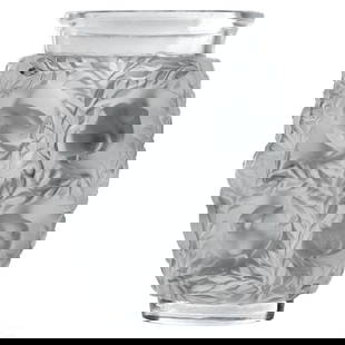 Lalique French Crystal Bagatelle Sparrow Bird Vase: A Lalique French crystal vase in the Bagatelle pattern, after the original 1939 design by Rene Lalique (1860-1945). Frosted oblong crystal body with raised relief sparrow birds and botanical forms,