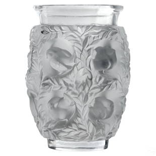 Lalique French Crystal Bagatelle Sparrow Bird Vase: A Lalique French crystal vase in the Bagatelle pattern, after the original 1939 design by Rene Lalique (1860-1945). Frosted oblong crystal body with raised relief sparrow birds and botanical forms,