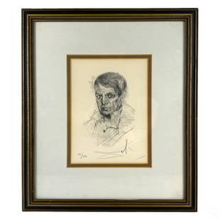 Salvador Dali 1904-1989 Picasso Engraving SIGNED: Salvador Dali (Spanish, 1904-1989). A limited edition engraving on paper. Titled, "Portrait of Picasso." A figural work after an original produced circa 1930 depicting the Spanish artist Pablo Picasso