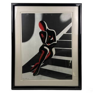 Mark Kostabi b.1960 Upwardly Mobile Litho SIGNED: Mark Kostabi (American, born 1960). A limited edition color lithograph on paper. Titled, "Upwardly Mobile." Produced 1989. Depicting a whimsical composite figure, sitting on a flight of stairs, in