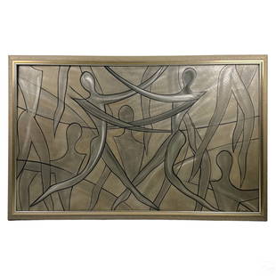 Raymond Karpuska b.1952 Abstract Figural Painting: Raymond Karpuska (American, born 1952). An original mixed media painting on brushed steel. A Modernist figural work depicting a profusion of abstract figures. Artist signature to lower right KARPUSKA.